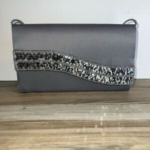 Genie Bag Vintage Clutch Sequin Satin Silver Sparkling Print Formal Chic Classic